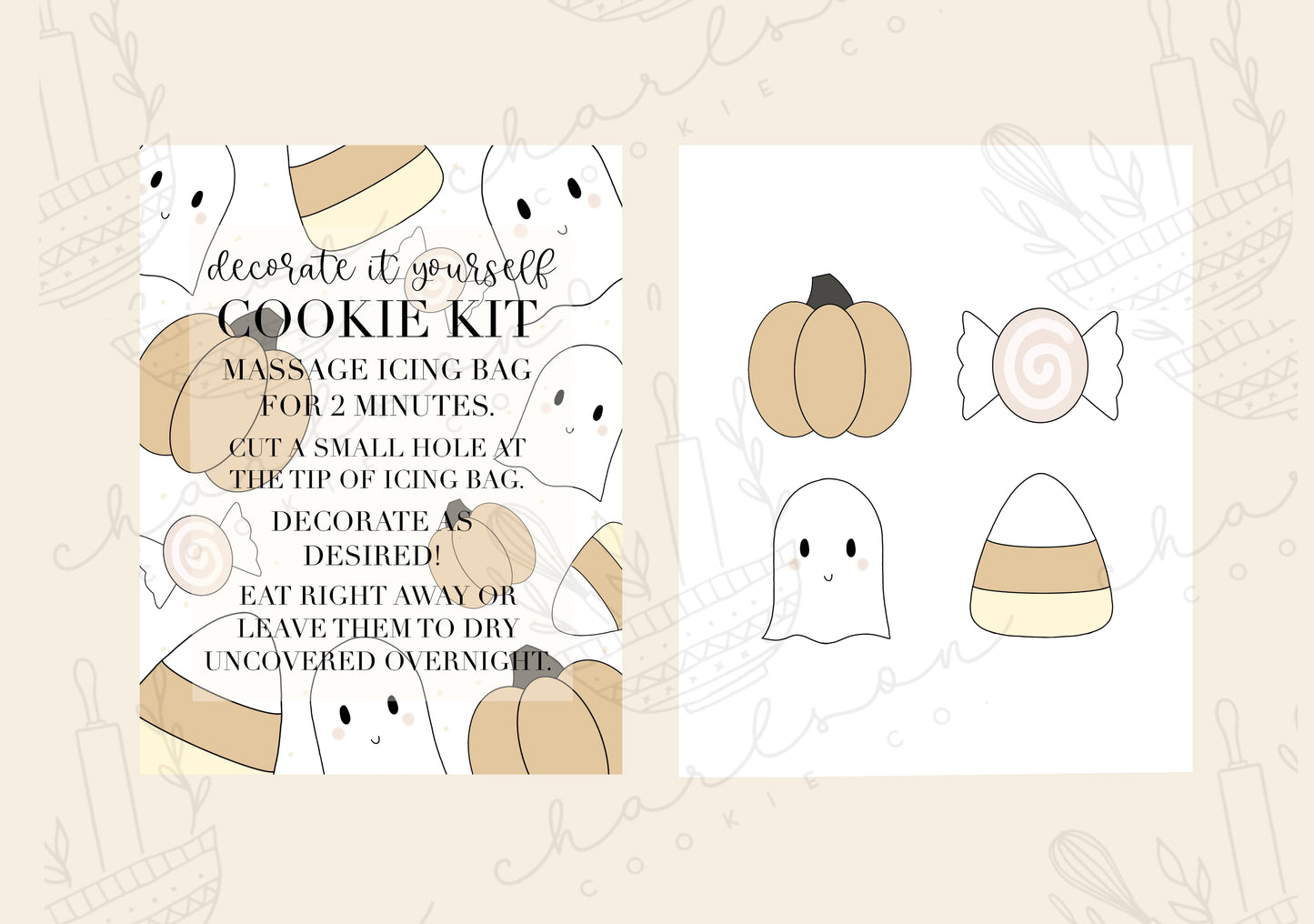 DIY cookie kit (Halloween theme 1 print) instruction card (2 files) / Instant digital download